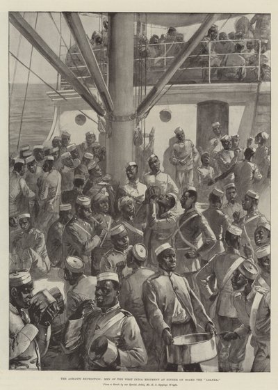 La expedición Ashanti, hombres del Regimiento de las Indias Occidentales cenando a bordo del Loanda de Henry Charles Seppings Wright